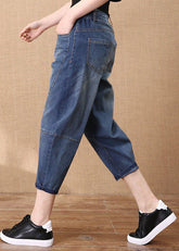 Denim Blau Patchwork Baumwolle Crop Hose Elastische Taille Taschen